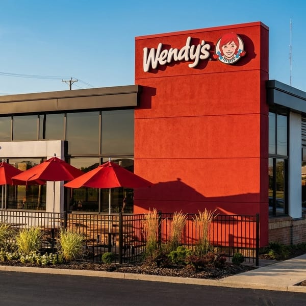 Modern Wendy's restaurant with red and gray exterior, outdoor patio with red umbrellas, and landscaping.