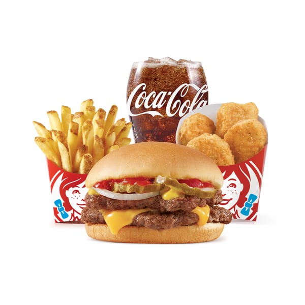 Wendy's double cheeseburger, fries, chicken nuggets, and a Coca-Cola drink.