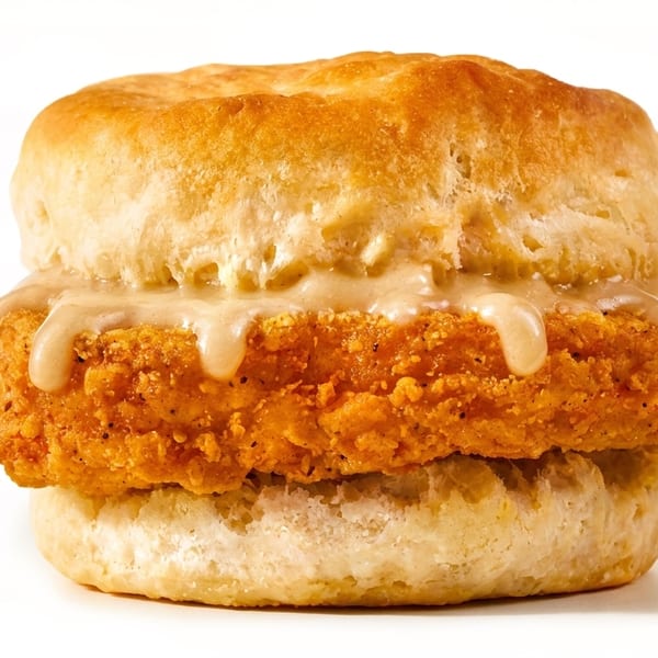 Fried chicken and gravy on a biscuit, against a white background.