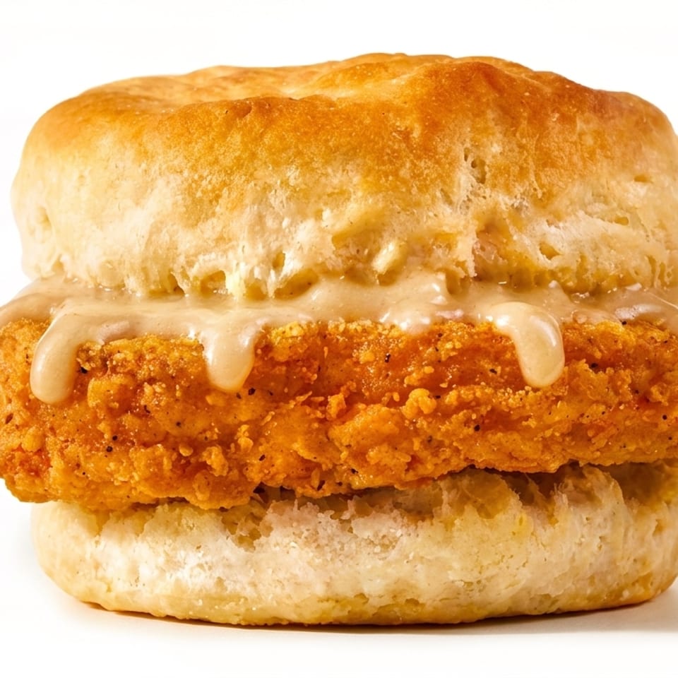 Fried chicken and gravy on a biscuit, against a white background.