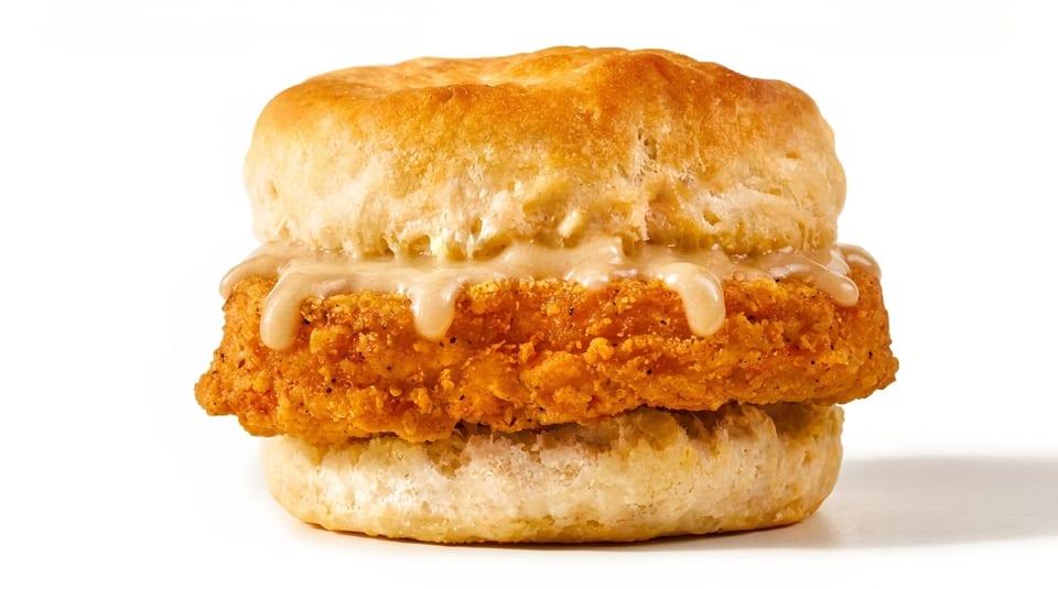 Fried chicken and gravy on a biscuit, against a white background.