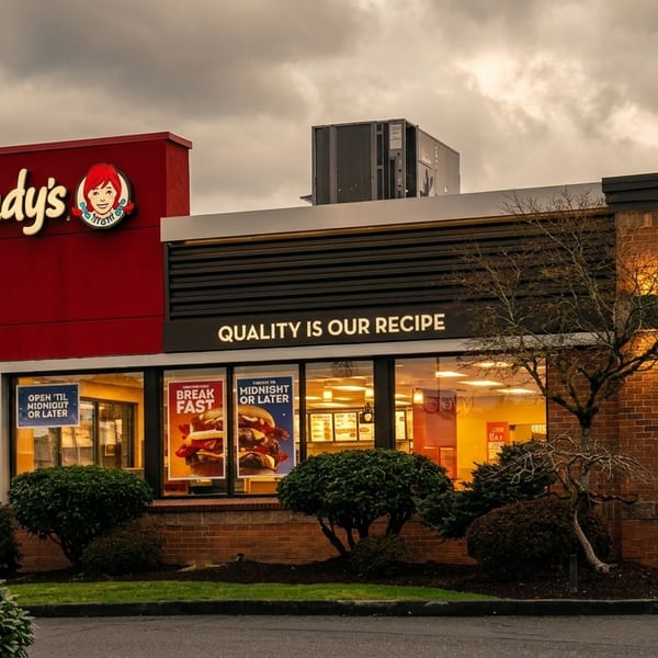 Exterior of a Wendy's restaurant with a red sign, brick facade, and "QUALITY IS OUR RECIPE" text.