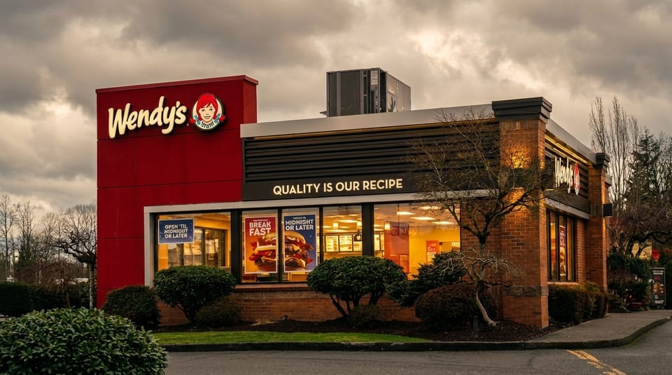 Exterior of a Wendy's restaurant with a red sign, brick facade, and "QUALITY IS OUR RECIPE" text.