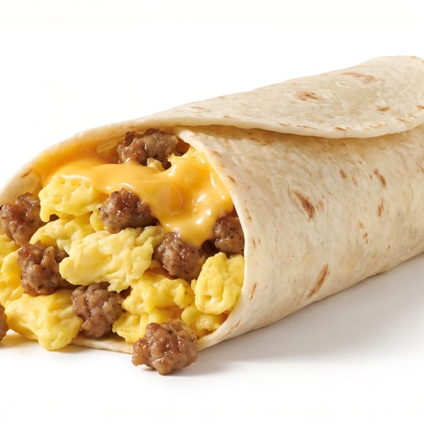 Breakfast burrito filled with scrambled eggs, melted cheese, and sausage crumbles on a white background.