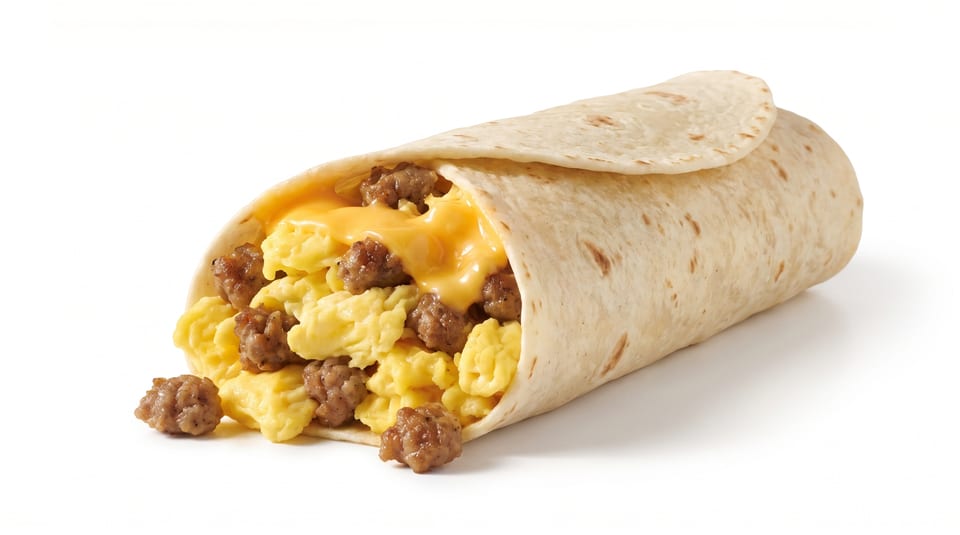 Breakfast burrito filled with scrambled eggs, melted cheese, and sausage crumbles on a white background.