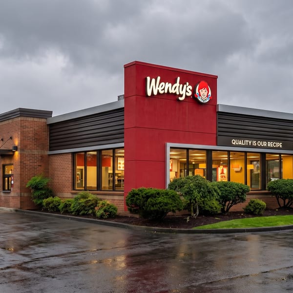 Exterior of a Wendy's restaurant with a red and brick facade under a cloudy sky.