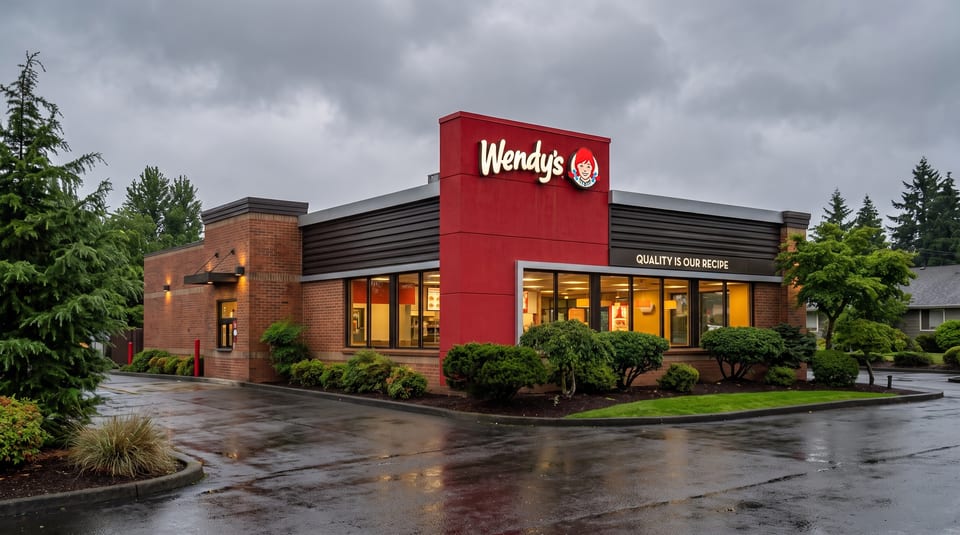Exterior of a Wendy's restaurant with a red and brick facade under a cloudy sky.
