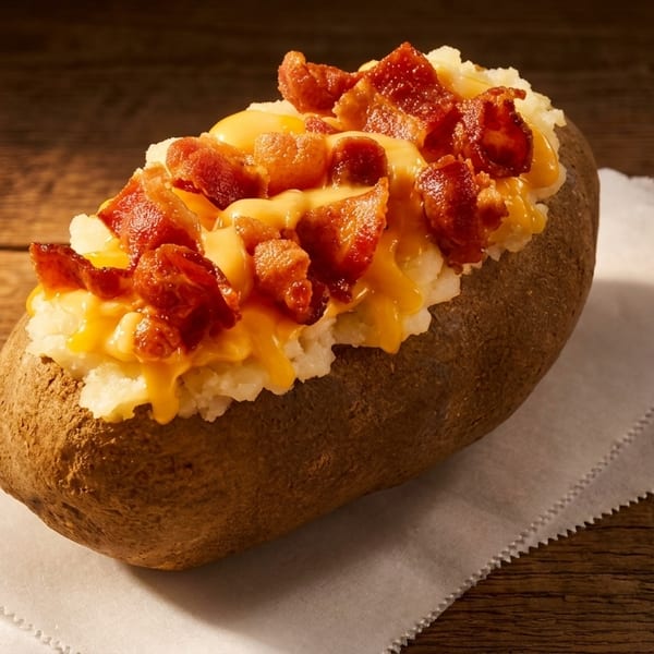 Baked potato topped with melted cheese and crispy bacon bits on a wooden table.