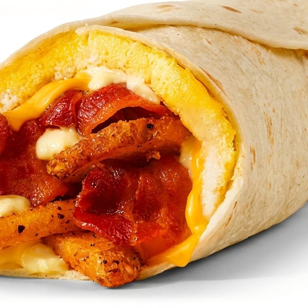 Breakfast burrito filled with crispy bacon, golden hash browns, scrambled eggs, and melted cheese.