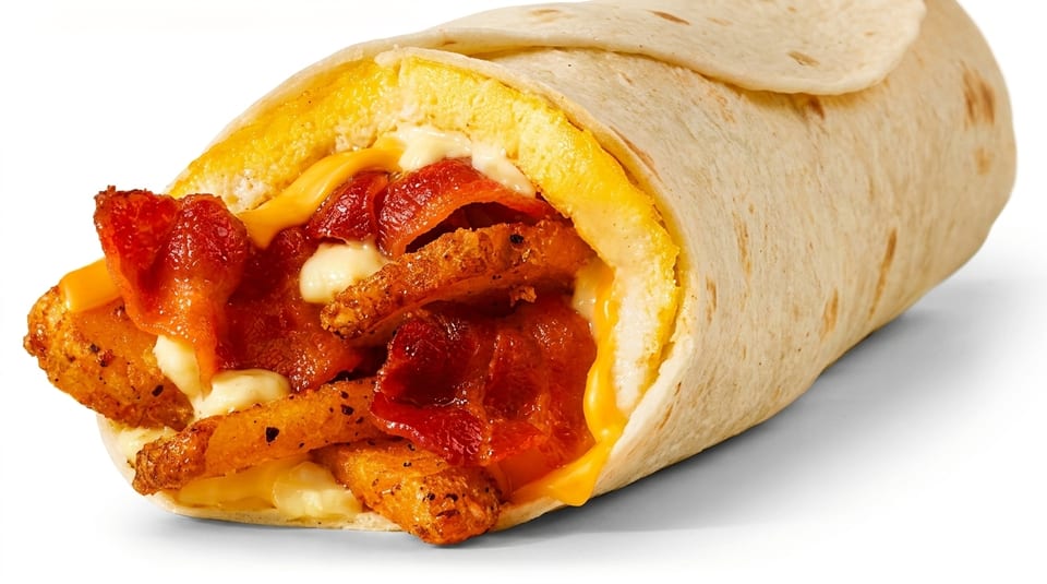Breakfast burrito filled with crispy bacon, golden hash browns, scrambled eggs, and melted cheese.