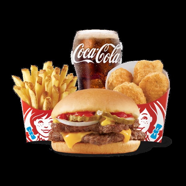 Wendy's Double Stack combo with fries, chicken nuggets, and a Coca-Cola drink.