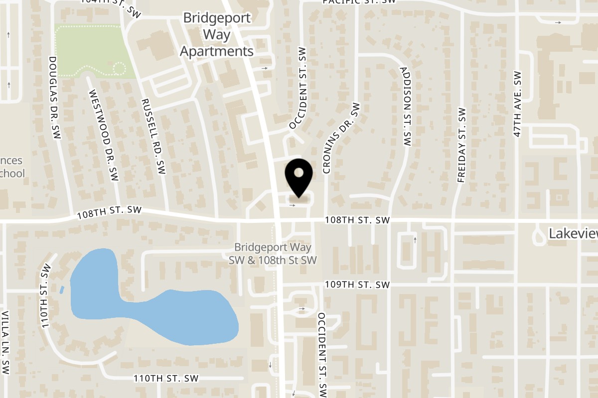 Map showing the location of Wendy's Tacoma Bridgeport Way on 10723 Bridgeport Way SW in Tacoma